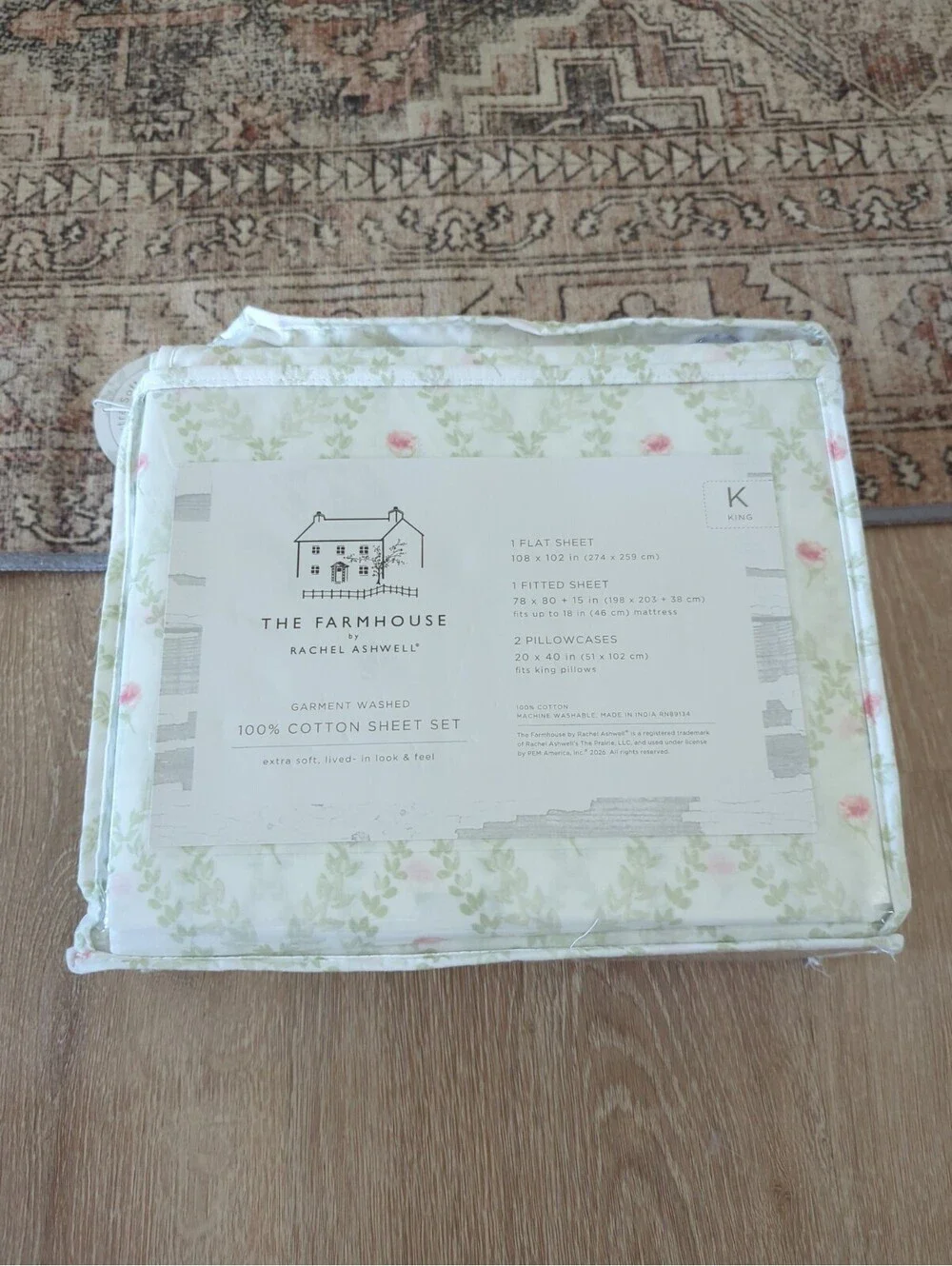 NWT Rachel Ashwell Farmhouse 4pc King Sheet Set Pink Roses Green Floral Cotton